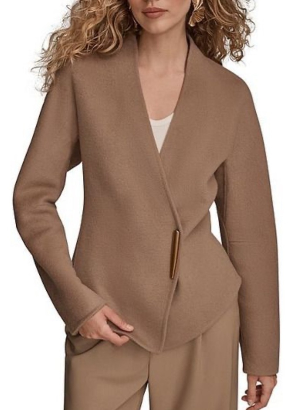 Donna Karan Double-Faced Wool Collarless Gold Bar Wrap Jacket in Heather Size M